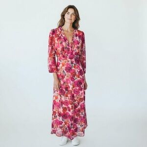 Julia Jordan Nordstrom Pink and Red Floral Dress with Faux Crop Top and V-Neck